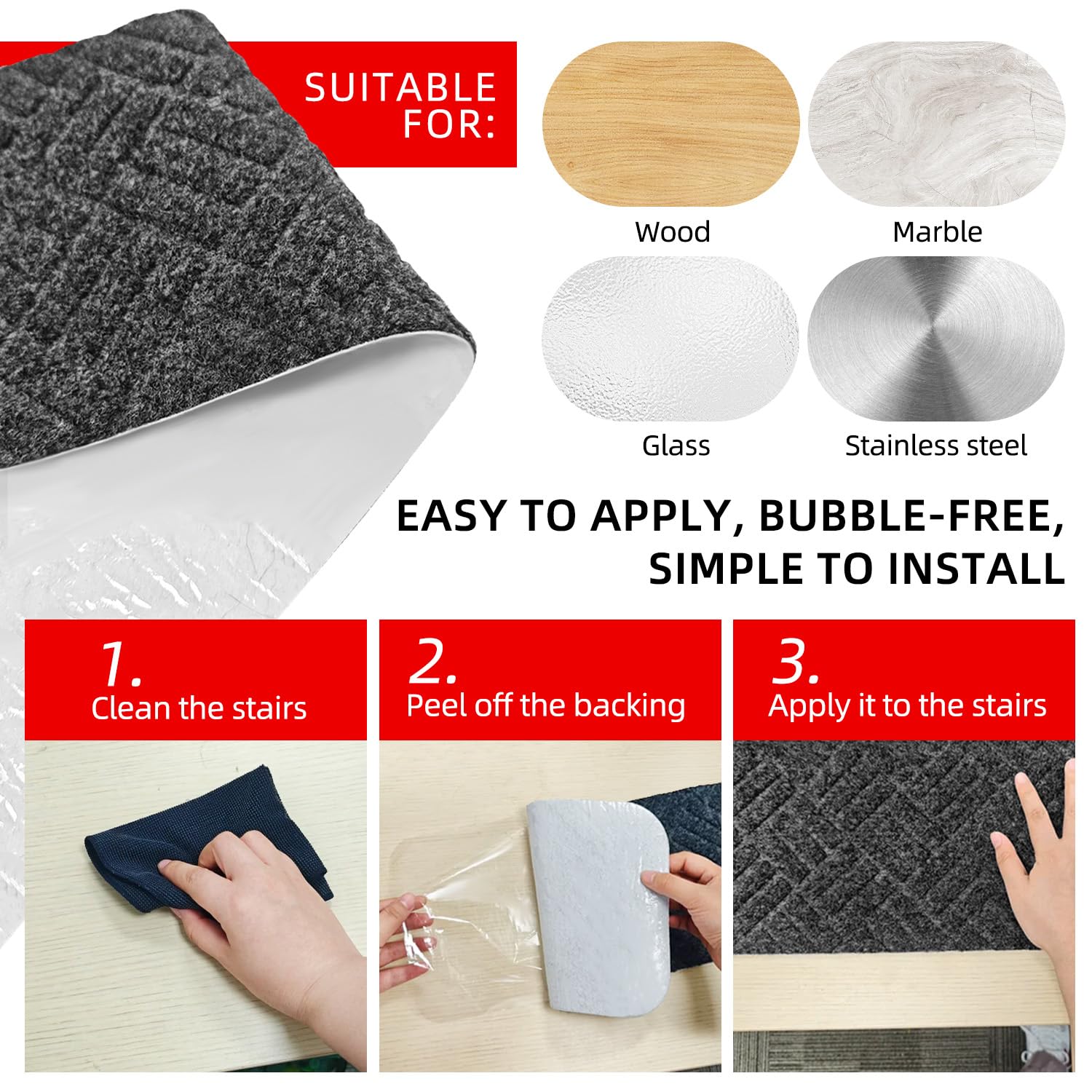 WELSTIK rutschfeste Treppenstufenmatten 20cm*76cm, Teppichläufer für Holzstufen im Innenbereich, Treppenmatten mit TPE-Rückseite, 100% Polyester, sicher für Kinder und Hunde (15Pack, grau)