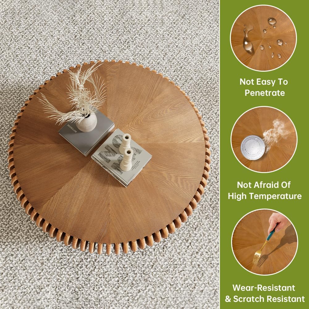 Brown Round Coffee Table for Living Room Round Fluted Drum Coffee Table Modern Fluted Coffee Tables for Living Room (Brown, 39.3 inch)