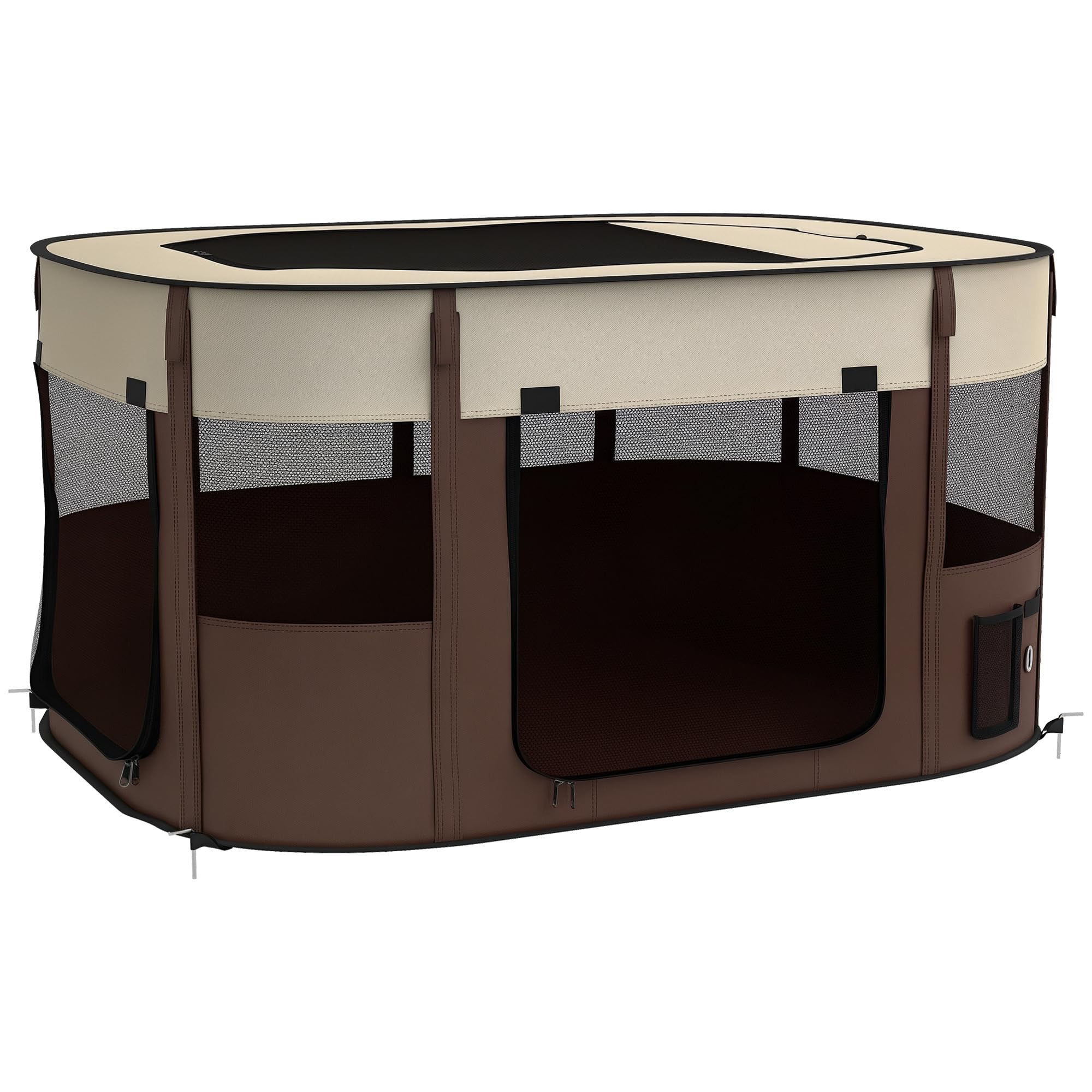 PawHut Dog Pen, Pet Playpen, Portable Foldable Dog Cat Playpen Soft Pet Cage with Storage Bag for Puppies, Rabbits, Kittens, Guinea Pigs, 114 x 89 x 59cm - Brown