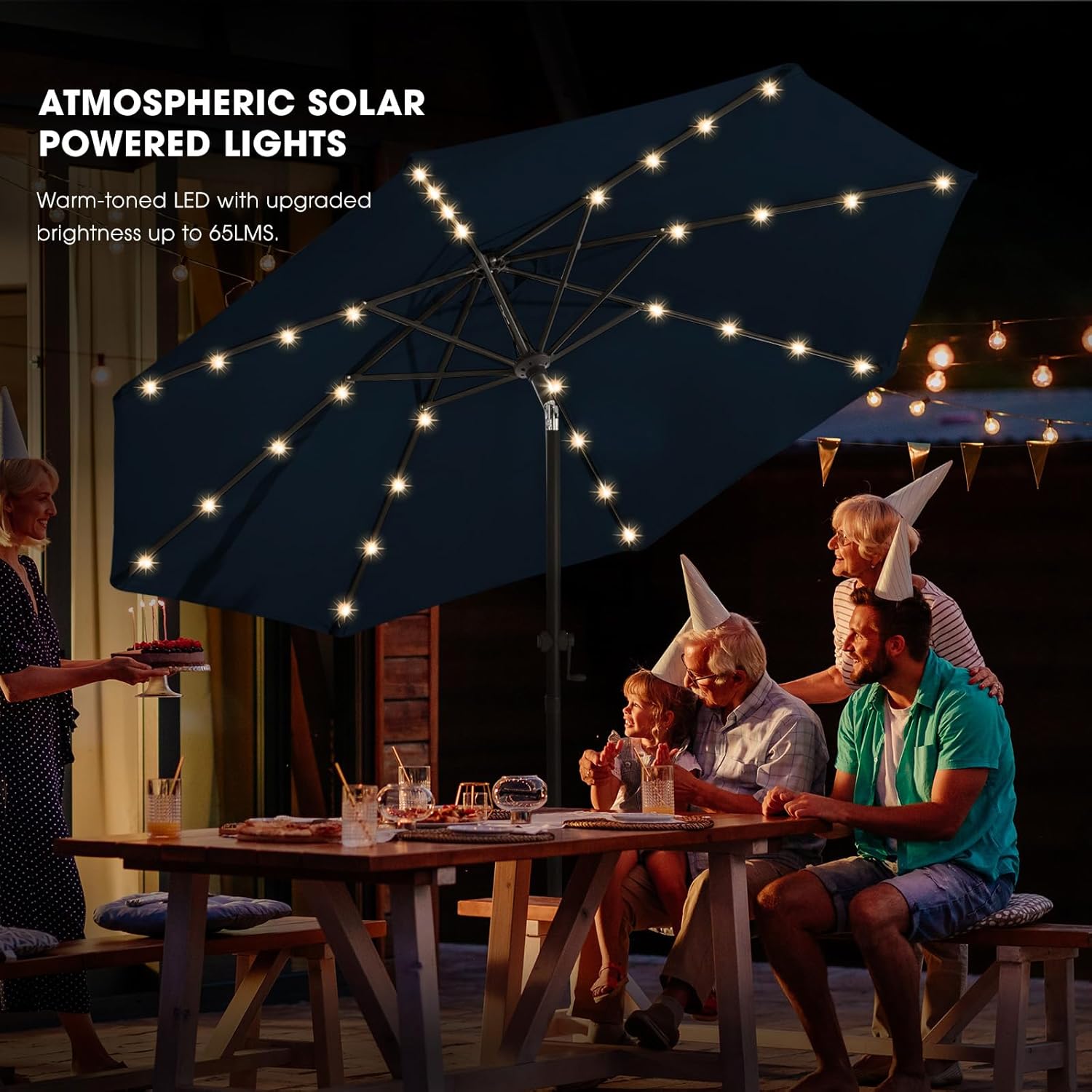 wikiwiki 11FT Solar Led Patio Umbrella with Base Included, 32 LED Lights, 8 Sturdy Ribs, Fade Resistant Waterproof POLYESTER DTY Canopy for Garden, Lawn, Deck, Backyard & Pool, Navy Blue