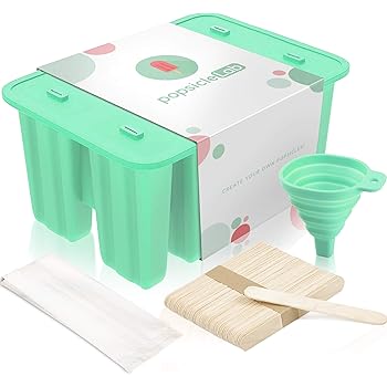 PopsicleLab Popsicle Molds Set, Food Grade BPA Free Silicone Popsicle Molds for Kids, Homemade Popsicles, Ice Cream Mold, Ice Pop Molds Maker Holders with 50 Popsicle Sticks, 50 Popsicle Bag, Funnel