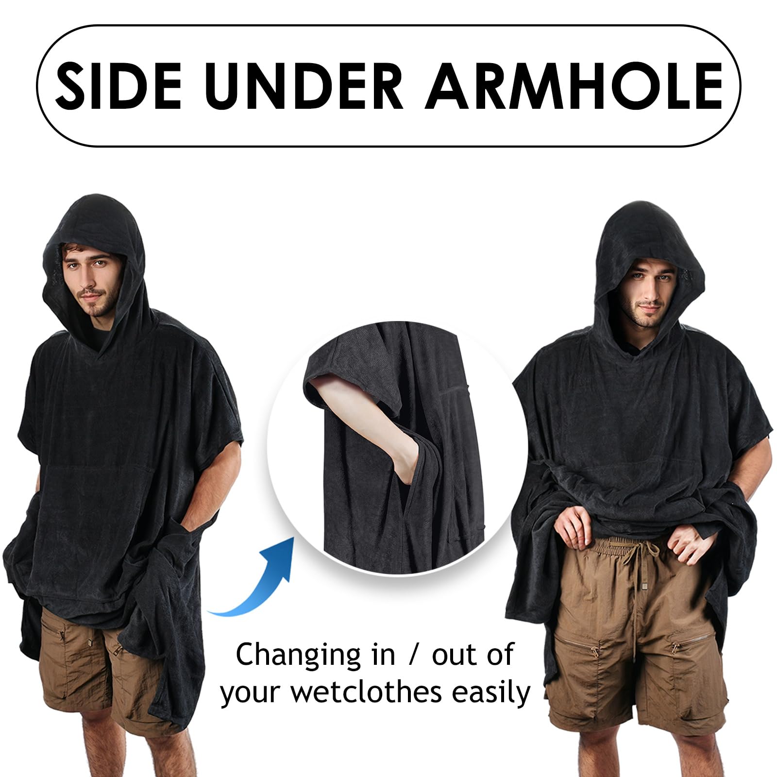 Kato Tirrinia Beach Surf Poncho con bolsillo Absorbente de agua Traje de neopreno Cambiador Sudadera con capucha Toalla Poncho Albornoz para surf Natación Baño Adulto Hombres Mujeres A prueba de arena