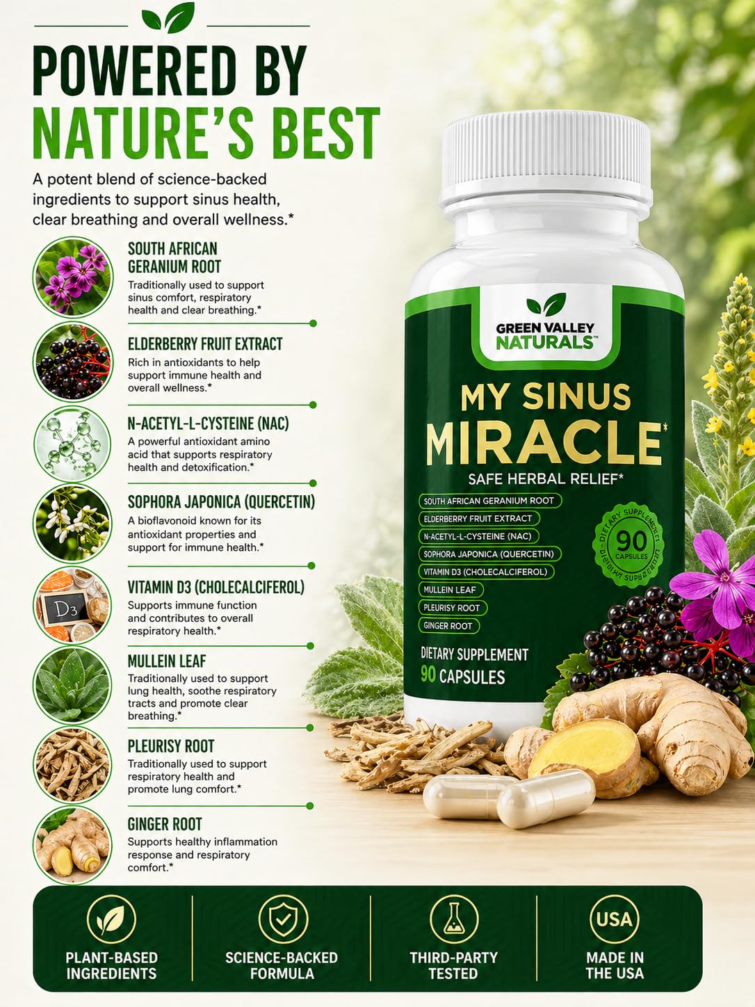 GREEN VALLEY NATURALS My Sinus Miracle – Sinus & Nasal Support Supplement with South African Geranium, Quercetin, Elderberry & NAC | Respiratory & Seasonal Support | 90 Capsules — Amazon image 3