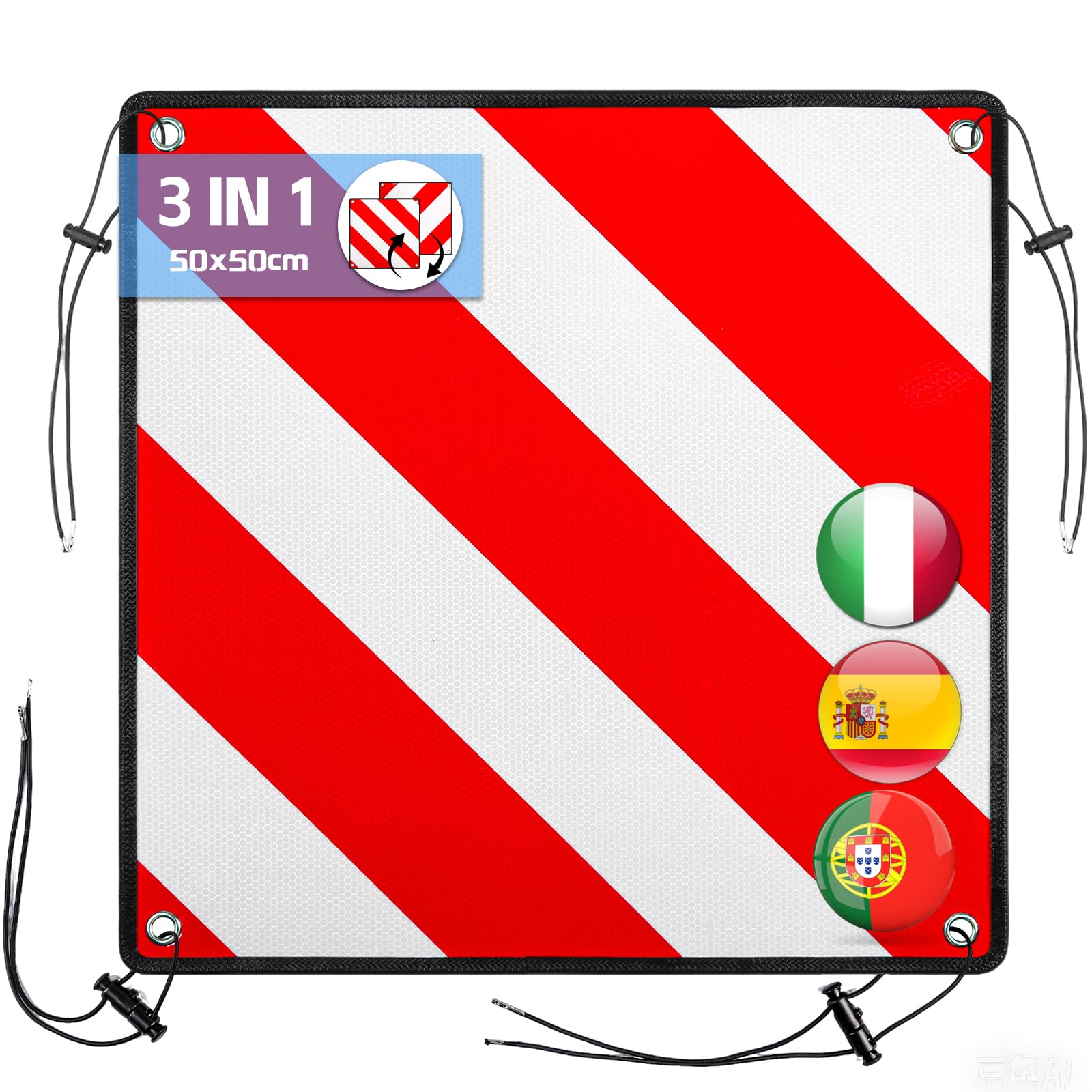 3 In 1 Warntafel für Italien Spanien Portugal, Alu Reflektierend Warnschild 50x50CM mit Spannseile & Eckenschützer, Zertifizierte für Fahrradträger Heckträger Anhänger Auto Wohnmobil - 1 Stück