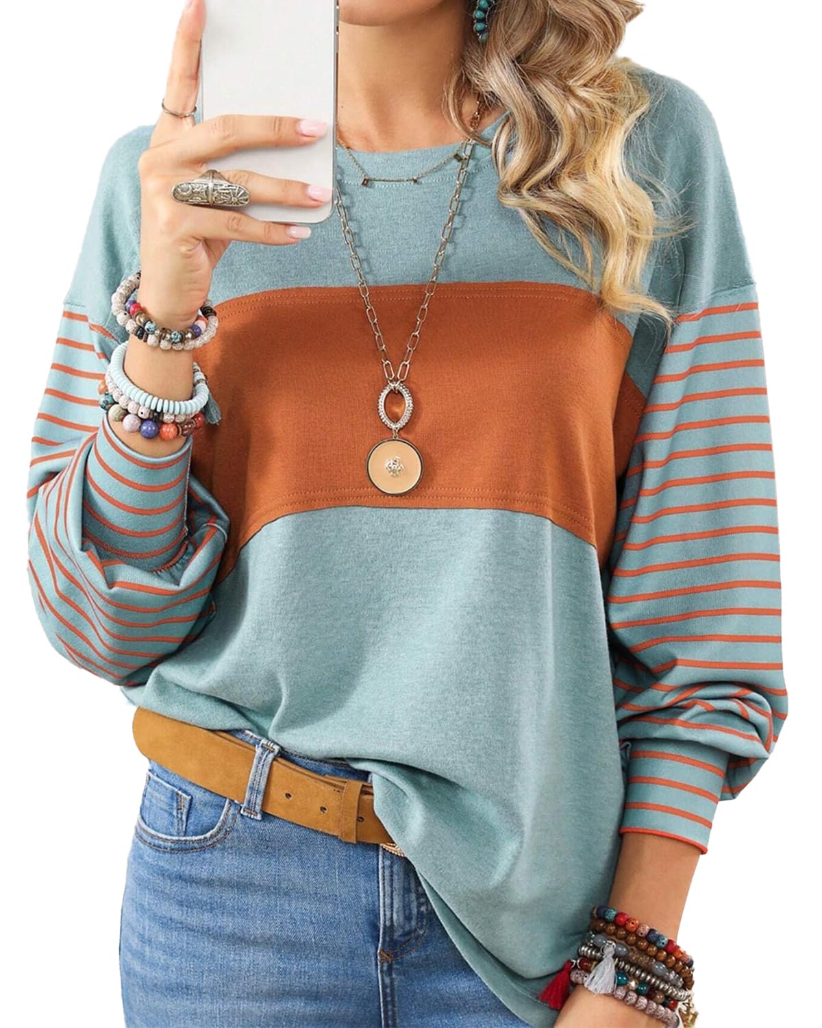 peassa Women's Casual Striped Long Sleeve Tops Crewneck Color Block Loose Shirt Drop Shoulder Fall Sweatshirt