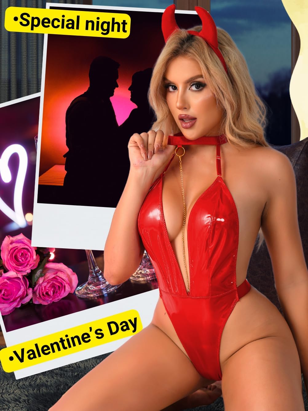 EHSUYAB 2Pcs Sexy Devil Costume For Women Halloween, Wet Look Bodysuit Lingerie Valentines Date Night