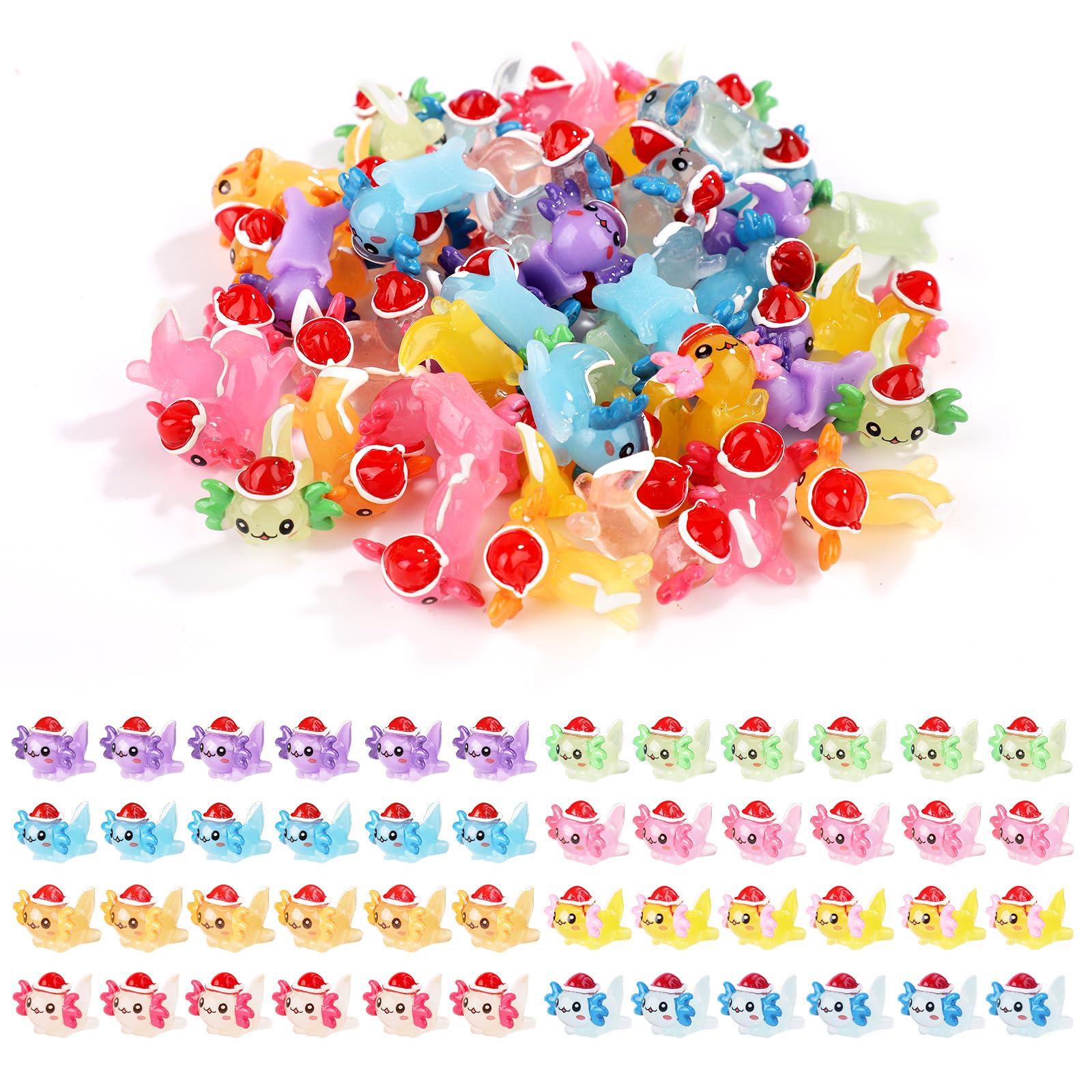 64pcs Christmas Miniature Axolotl Ornament, Mini Axolotl Resin Charms Little Axolotl Tiny Animals Ornament Toy for Jewelry Making Garden Landscape Dollhouse Decorations (Solid Color + Luminous)