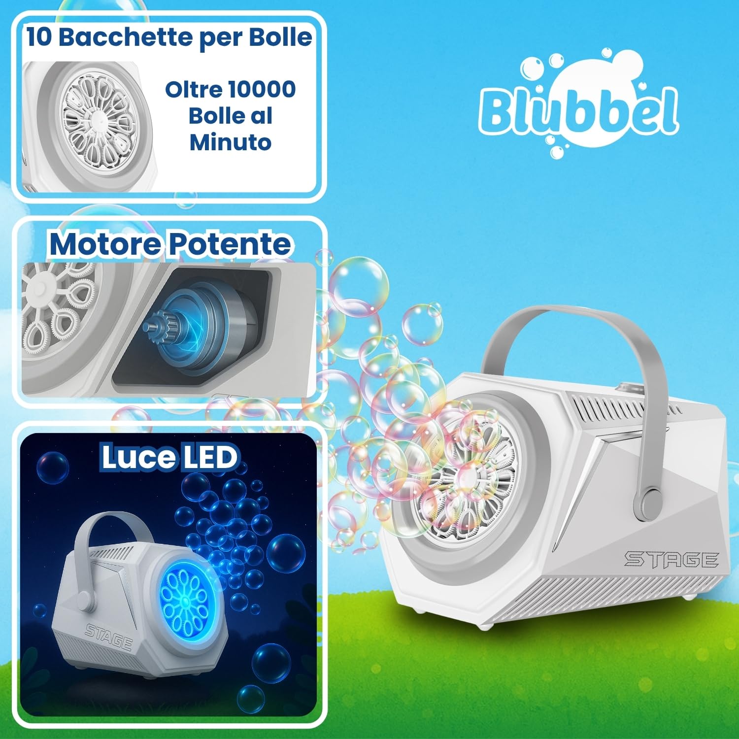 Blubbel Macchina Bolle di Sapone LED, 2x 90ml Liquido + 1L Automatico Pistola Sparabolle Bambini, Bazooka d'Aria, Bubble Gun, Giocattolo Estivo, Regalo Matrimonio, Gioco all’Aperto