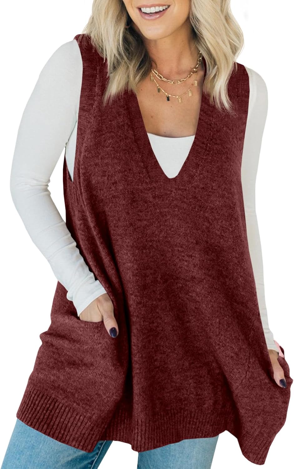 Saodimallsu Womens Sleeveless Sweater Vest V Neck Casual Loose Knit A Line Flattering Tunic Top with Pockets