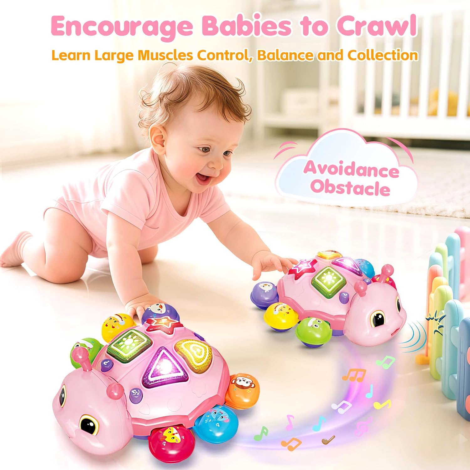 Baby Crawling Toys for 6-12 Months, Musical Toys for Infants 7 8 9 10 11 Months, Early Learning Educational Toy with Sound, Tummy Time Development Toys, Christmas Birthday Gifts for 1 Year Old, Pink
