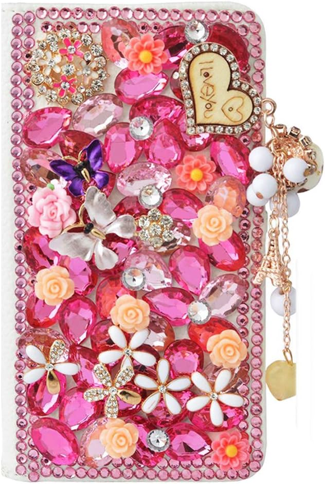 STENES Bling Wallet Phone Case Compatible with Google Pixel 5 Case - Stylish - 3D Handmade Flowers Floral Butterfly Leather Cover with Cable Protector [4 Pack] - Hot Pink