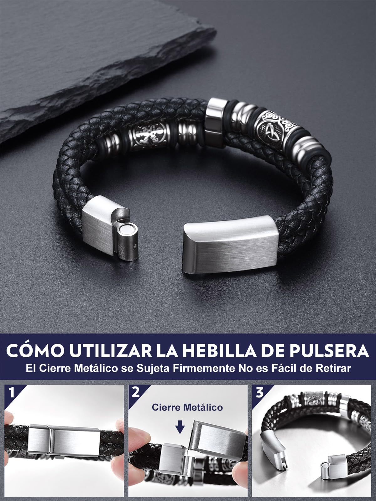 Bandmax Pulsera Viking Cuero Hombre con Charms Brújulas, 19cm 21cm 23cm 25cm Largo, Broche Imán Robusto, Personalizable, Incluye Joyero