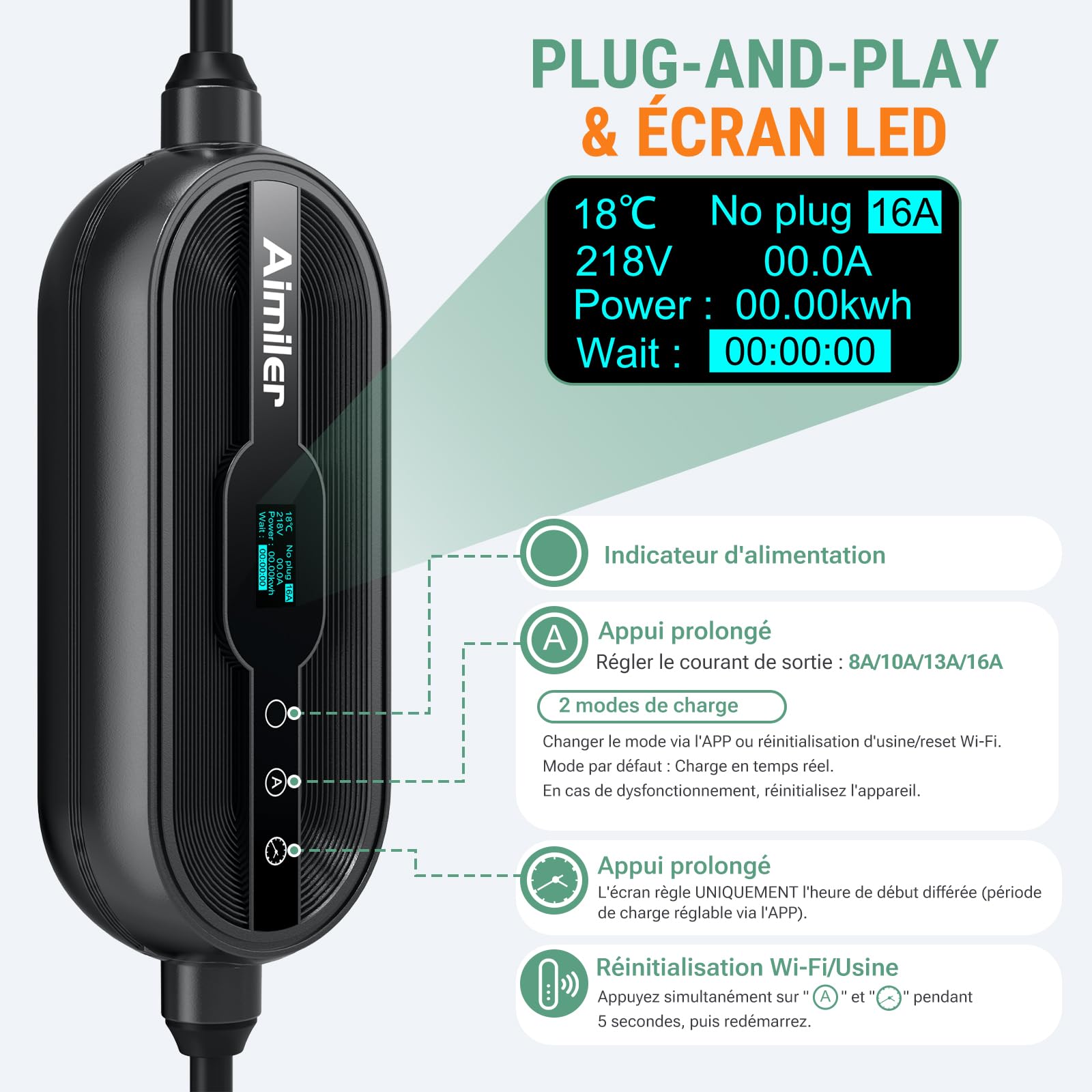 AIMILER Chargeur Voiture Electrique 11kW APP 8-16A 7,6M Borne de Recharge Véhicule Électrique Triphasé Numérique OLED IP66 avec Type 2 Compatible avec Support Mural avec Model 3/Y, EX30, et PHEVs