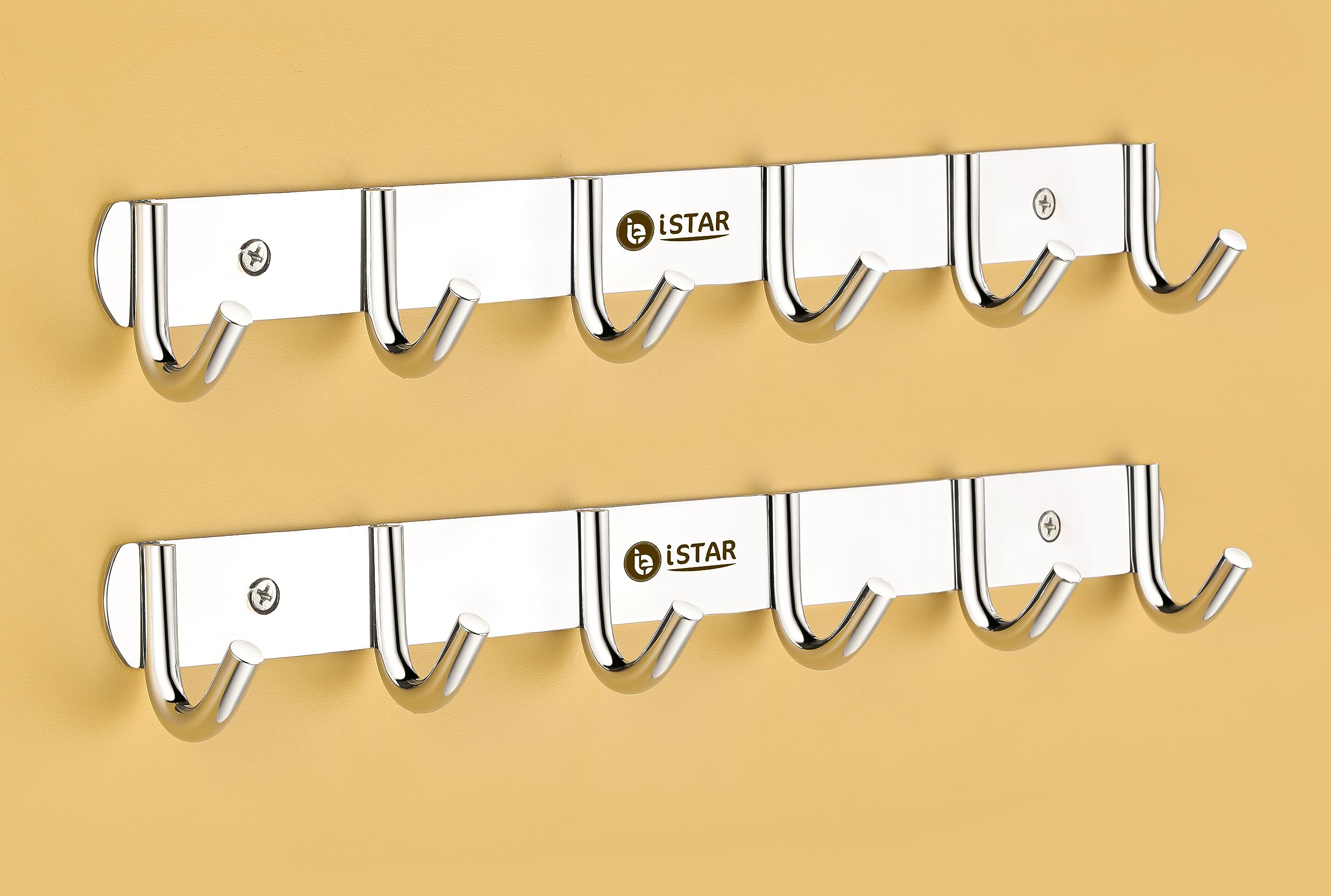 iSTAR SS 304 Premium 6 Pin Bathroom Cloth Hooks Hanger Wall Bedroom Bathroom Robe Hooks Rail for Hanging Keys,Clothes,Towel Steel Hook (Silver) Pack of 2