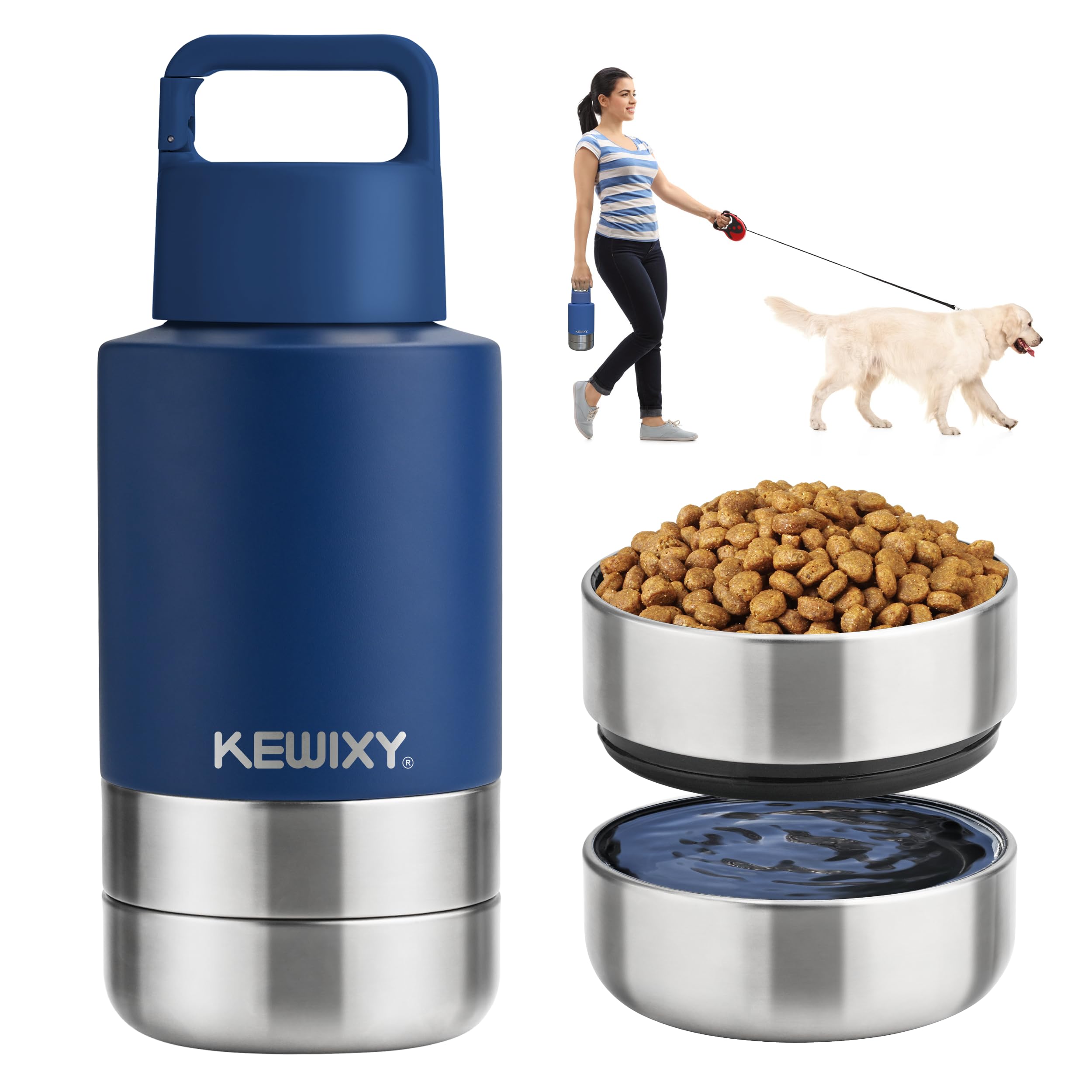 KEWIXY Insulated Dog Travel Water Bottle with Detachable Bowls, 3 in 1 Portable Dog Water Bottle Dispenser, Dog Accessories for Walking, Hiking,