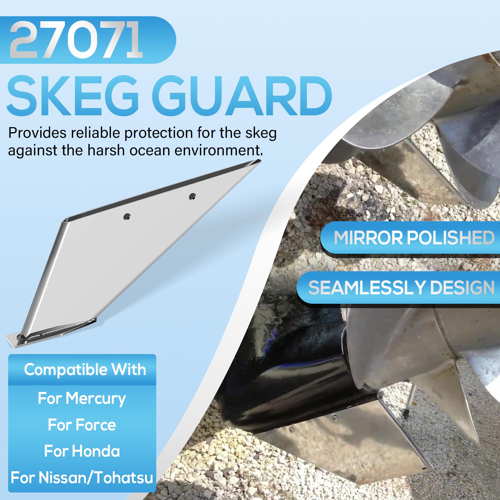27071 Skeg Guard Safe-Skeg Kit de protection en acier inoxydable de qualité marine pour Mercury, Force, Honda, Nissan/Tohatsu