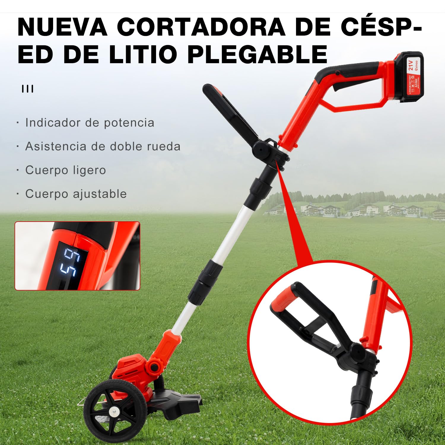 OUTIGO Cortacésped inalámbrico, Desbrozadora Bateria, batería de 2× 21V 4Ah, Cortabordes electrico 3 en 1, Mango telescópico Plegable, desbrozadora de jardín a batería