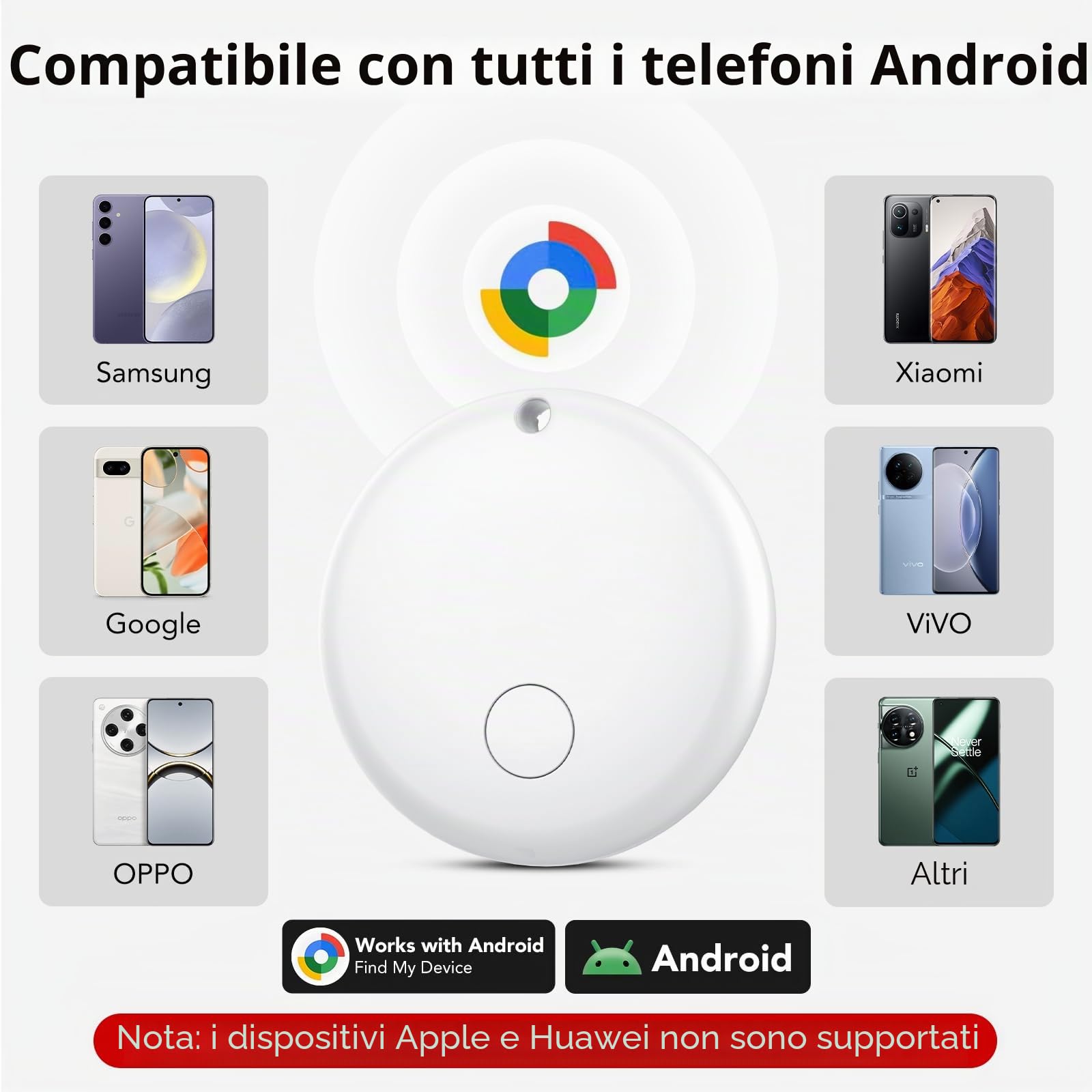 Android Smart Tag, Tracker con Google's Find Hub (Solo Android), IP68 Impermeabile, Bluetooth Localizzatore con Custodia Protettiva, Trova Oggetti per Chiavi/Bagagli/Portafogli, 4 Bianco