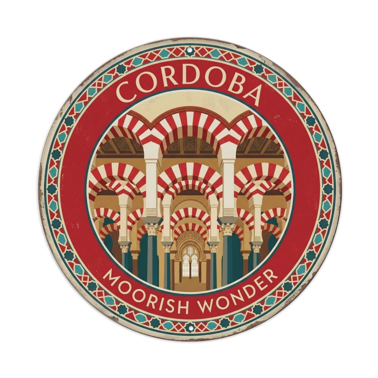 Vintage Travel Mezquita Cordoba Mosque Metal Tin Sign Plaque Wall Decor for Cafe, Club Bar, Office, Home Garden Round Metal Poster 8x8Inch