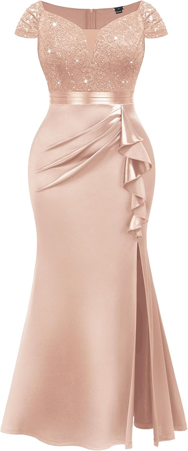 MISSMAY Women's Plus Size V Neck Sequin Lace with Satin Ruffle Trim Slit Mermaid Hem Evening Party Fomal Dress