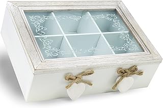 com-four® Boîte de rangement design vintage pour thé et sachets de thé, boîte à thé en bois avec 6 compartiments et fenêtre en verre, 23,1 x 7,1 x 16,8 cm (1 pièce - coeurs marron/blanc)
