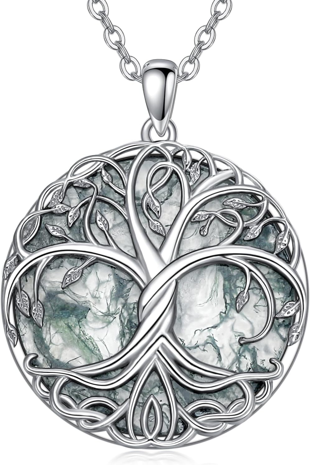 Tree of Life Moss Agate Necklace for Women S925 Sterling Silver Round Moss Agate Necklace for Women HandmadeSilver Pendant Fine Jewelry Gifts for Mother’s Day Her