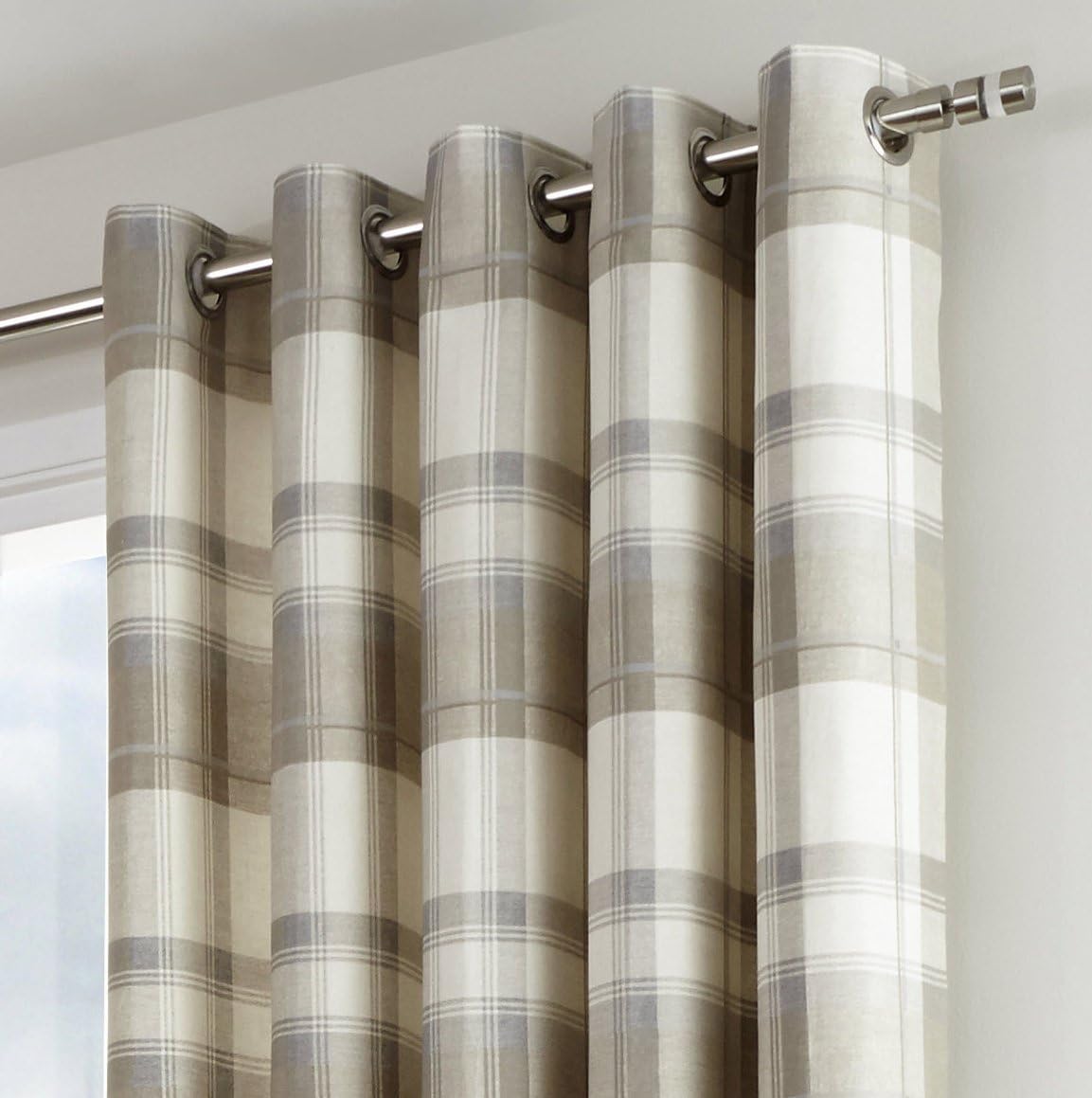 Fusion - Balmoral Check - 100 Percent Cotton Pair of Eyelet Curtains in Natural, 66" Width x 54" Drop (168 x 137 cm), Nautral - Image 3