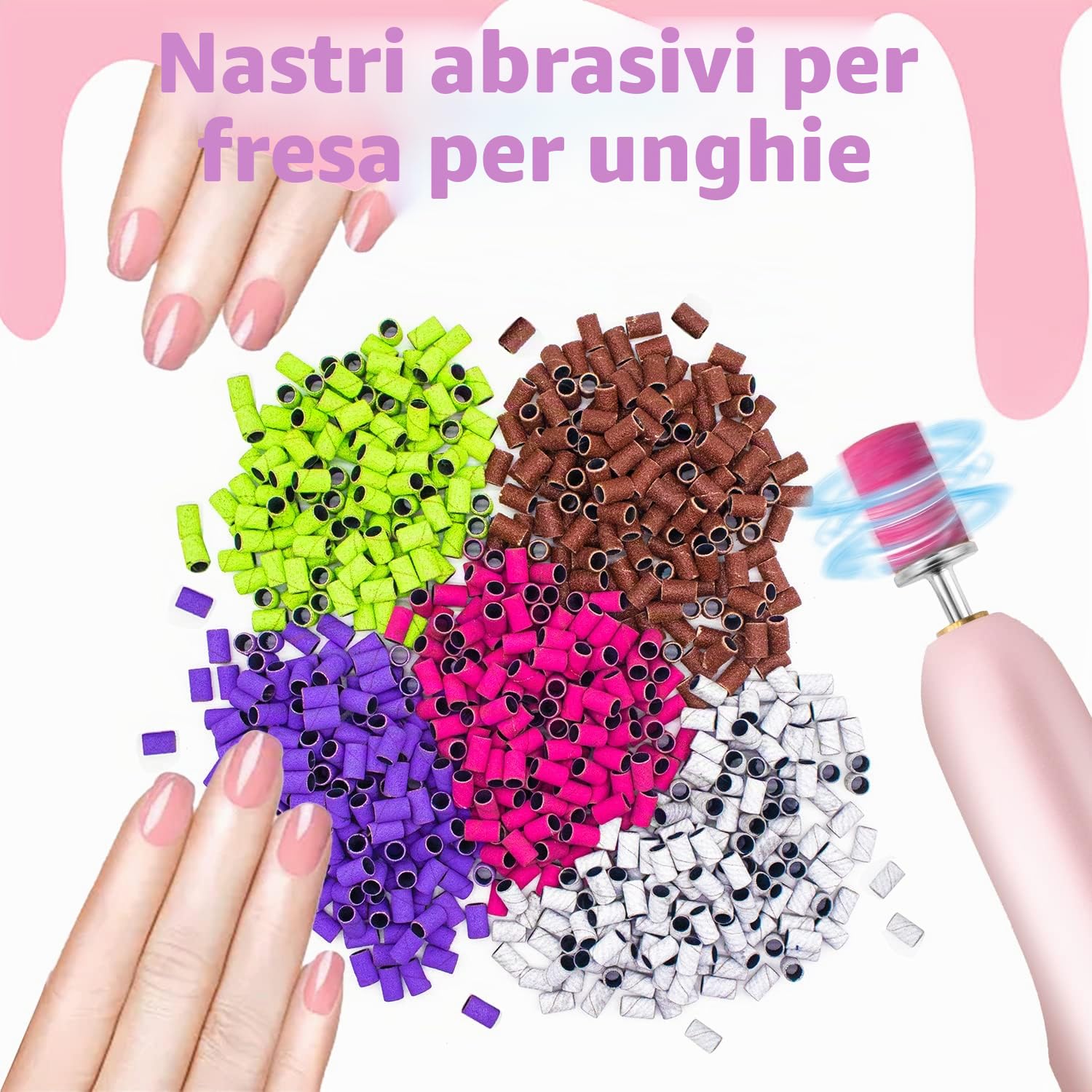 Cilindri Abrasivi Fresa Unghie, 300 Pezzi di Bande Abrasive Fini e Grossolane per Unghie 80/120/150/180/240, 2 Pezzi di Punte a Mandrino 2.5MM per Manicure e Pedicure