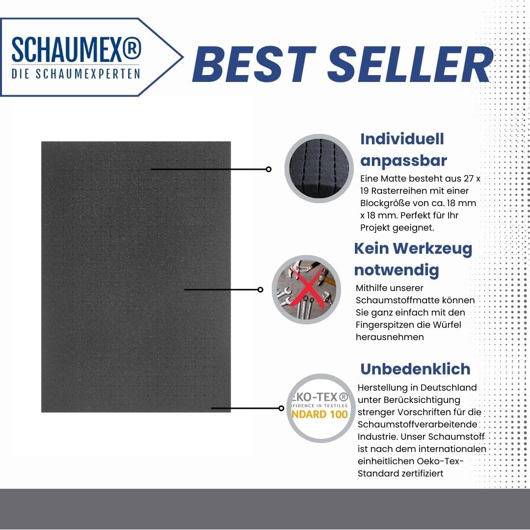 500mm x 350mm x 45mm - Rasterschaumstoff Würfelschaum Werkzeugkoffer Kamerakoffer Schaumstoff