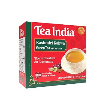 Tea India Kashmiri Kahwa Tea Premium Indian Chai Loose Leaf Tea with Natural Ingredients Spiced Green Tea Chai with real Cinnamon, Cardamom & Rose Petal 80 Individually Packed Round Tea Bags