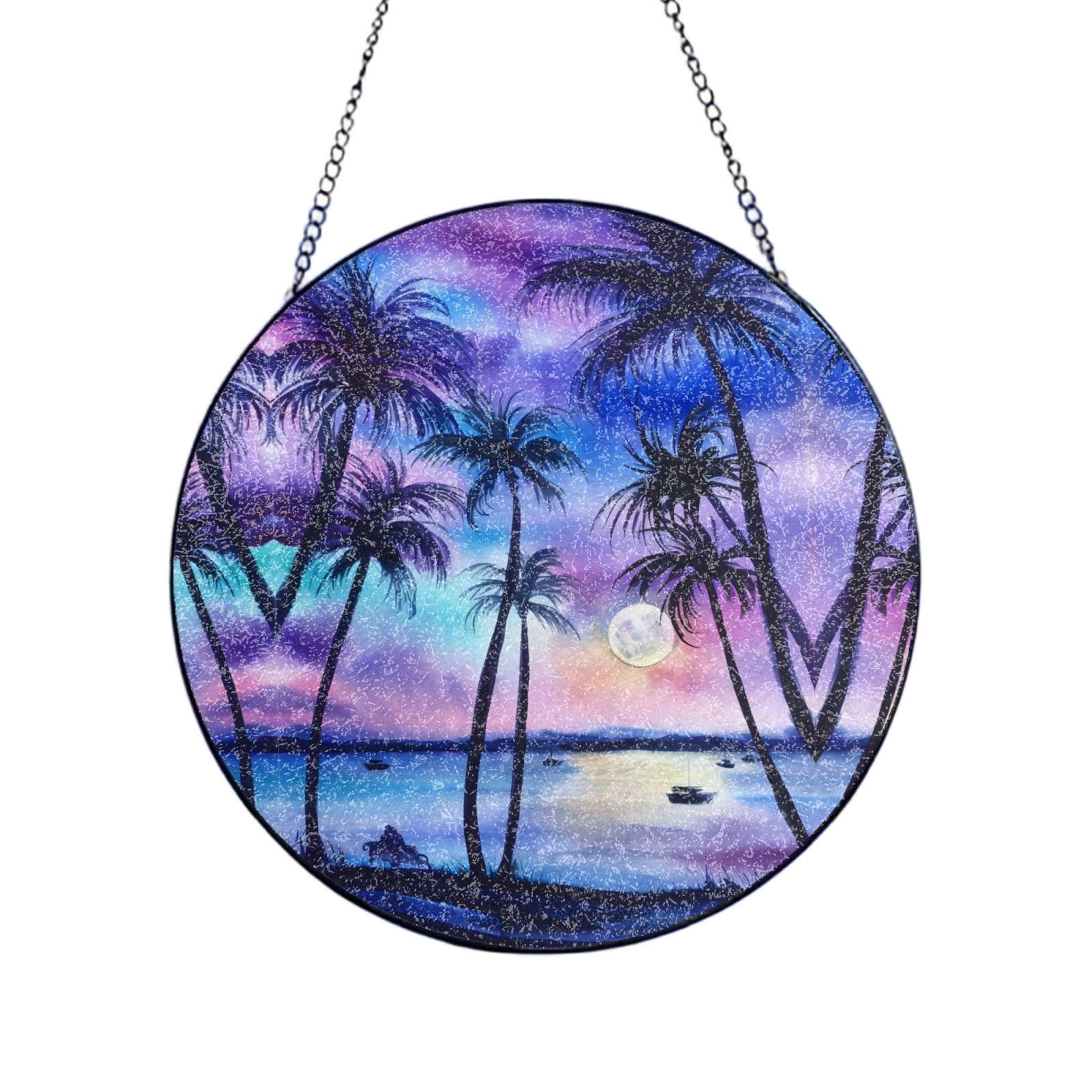 Phayah Palm Tree Pattern Print Glass Window Hanging Sun Catchers Suncatcher Decor For Birthday For Home Garden Porch 12in（30cm）
