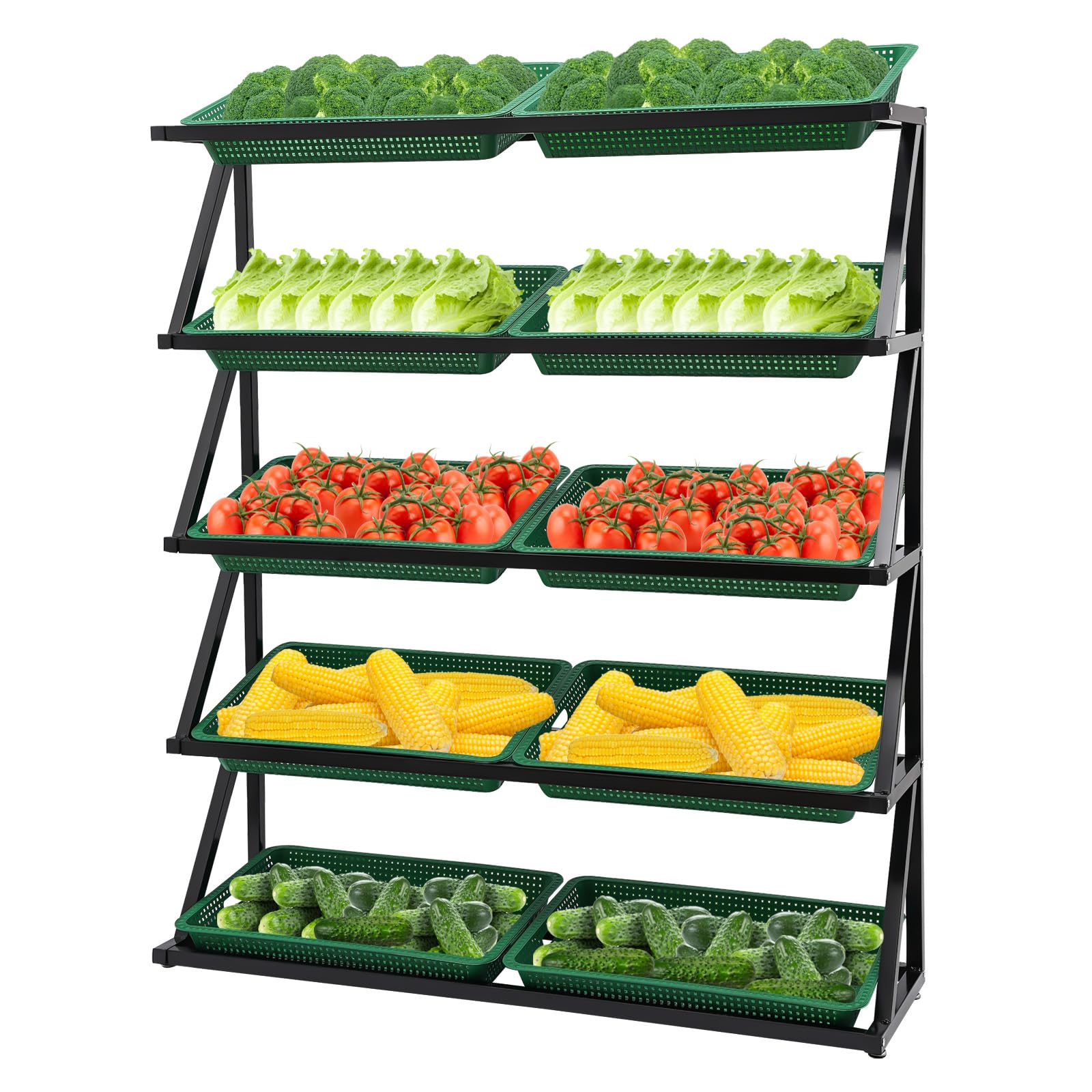 LOYALHEARTDY 5 Tier Retail Display Rack Market Shelf, Fruit Vegetable Storage Basket Stand Fruit Vegetable Snack Retail Basket Rack Set for Kitchen,