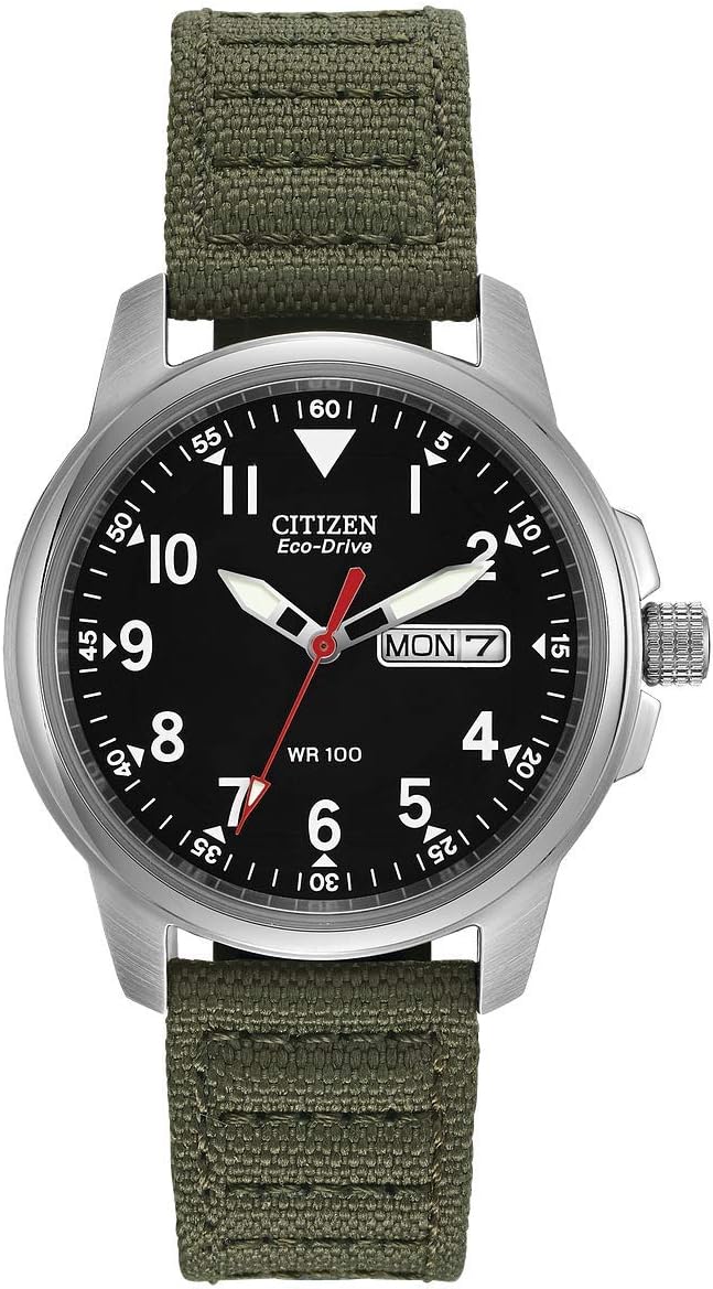 Citizen Men's Sport Casual Garrison 3 Hand Day/Date Eco-Drive Nylon Strap Watch Arabic Markers 100m Water Resistant Luminous Hands and Markers, Stainless Steel/Green Strap, 37mm, Watch, Stainless