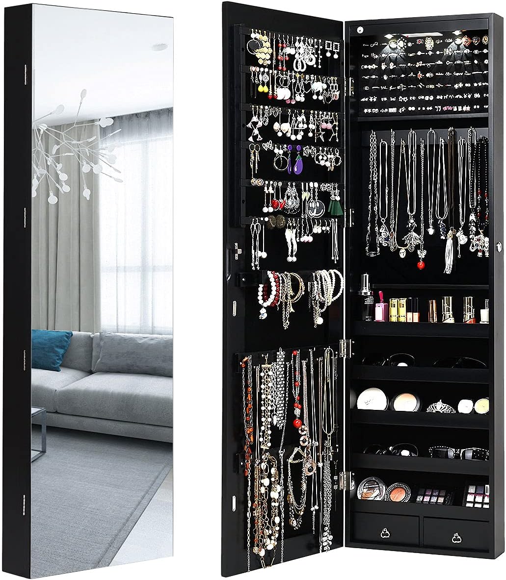 Jewelry Armoire Cabinet with Full-Length Mirror, 2 LEDs, 2 Keys, Makeup Pouch, Bracelet Rod, 2 Drawers, Wall Door Mounted, Full Screen Jewelry Cabinet for Bedroom (Black)