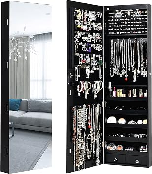 MAT EXPERT Jewelry Armoire, Wall Door Mounted Hanging Jewelry Organizer w/Full-length Mirror, 2 LED Lights and 2 Drawers, Lockable Large Storage Mirror Jewelry Cabinet for Bedroom Black