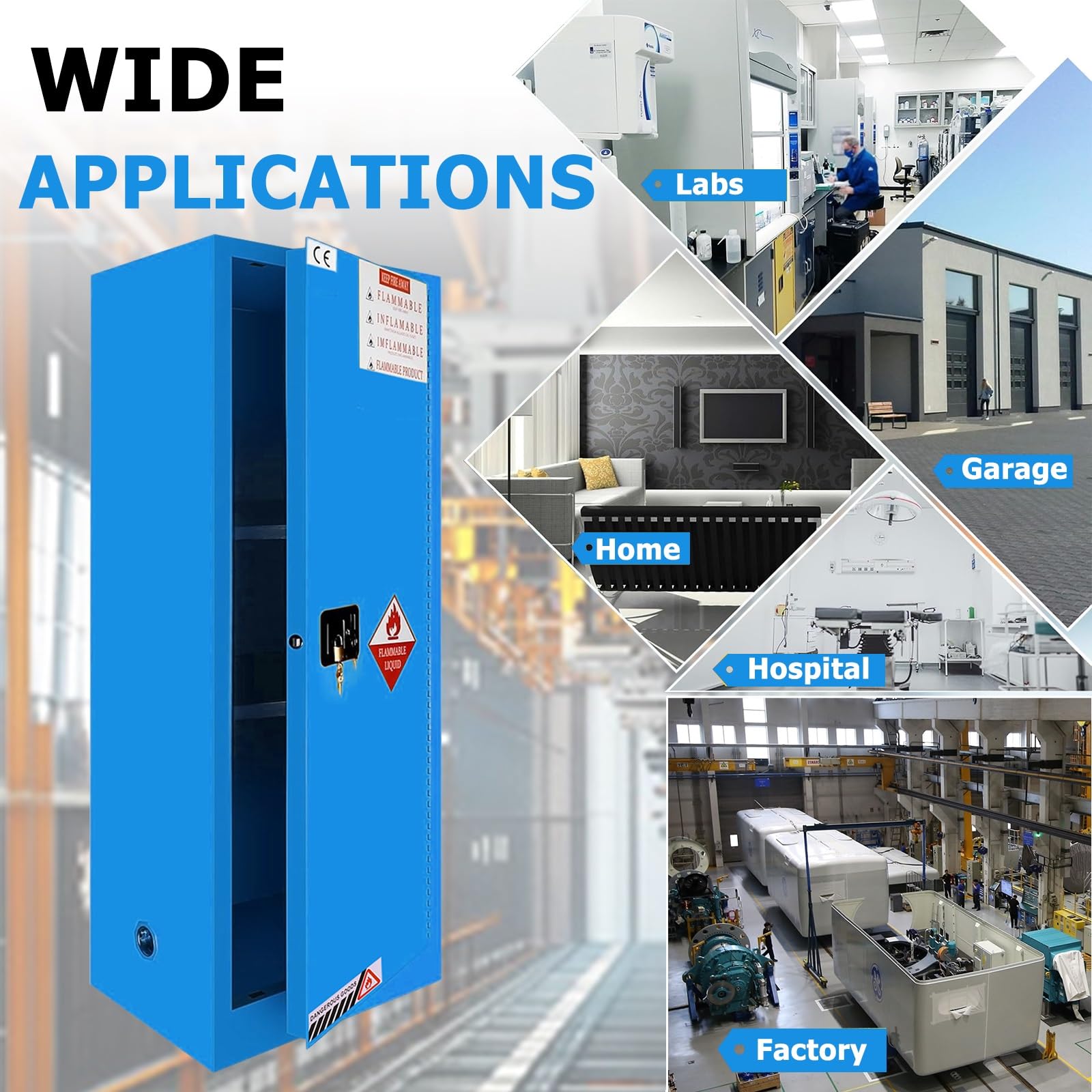 Armadio for la conservazione di sostanze chimiche con ripiani regolabili da 22 galloni, armadio infiammabile 65" H x 43" W x 18" D, for uso commerciale e industriale(Blue)