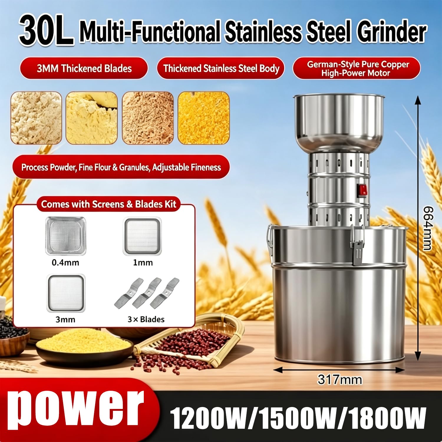 Macinino per Cereali Secchi da 30/40 Litri, 1200/1500/1800 W, Macina Cereali, Finezza Regolabile, Ampia Apertura di Alimentazione, con Setaccio E Lama, per Cereali, Frutta 30L 1200W