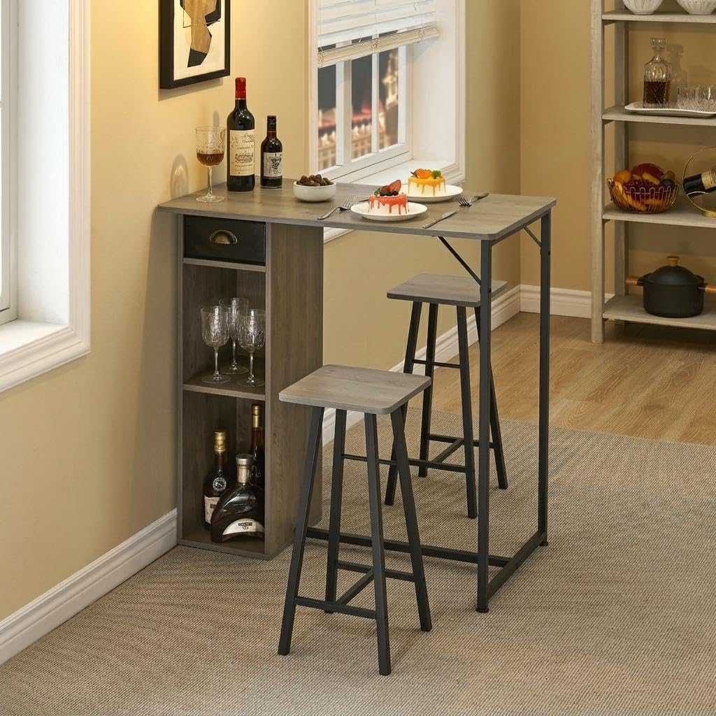 Zstar Conjunto de Mesa de Bar con 2 Taburetes, Mueble Auxiliar con Almacenamiento Lateral, para Cocina y Comedor, Color Gris Madera