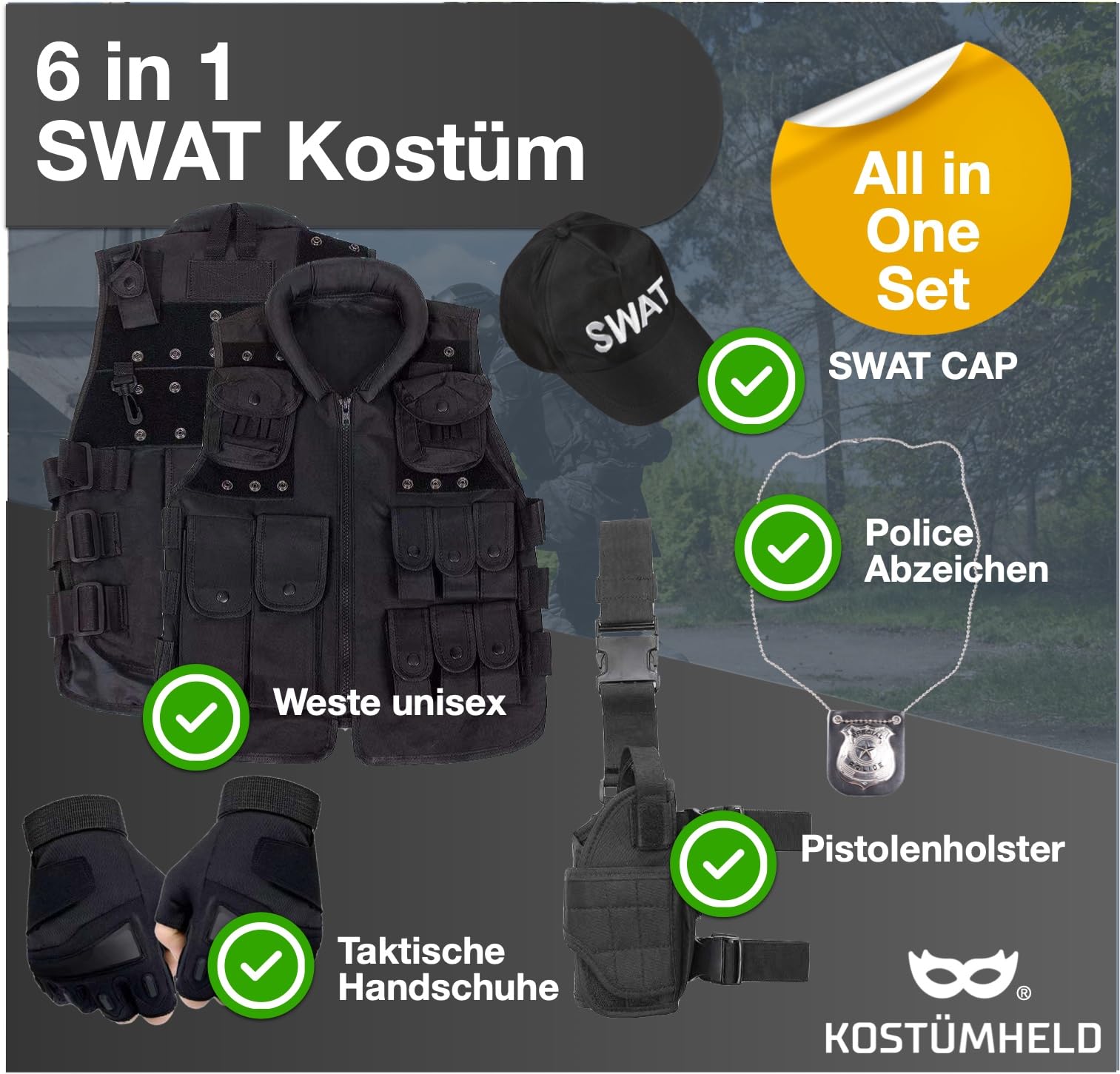 SWAT Costume unisex 6 in 1 per uomo e donna, per Carnevale e Halloween