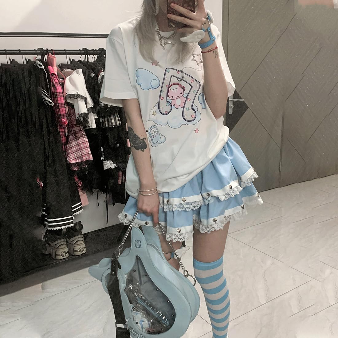 Harajuku - Camiseta estilo kawaii gótico, informal, cuello redondo, suave, dibujos animados, lindo gato, música, ángel