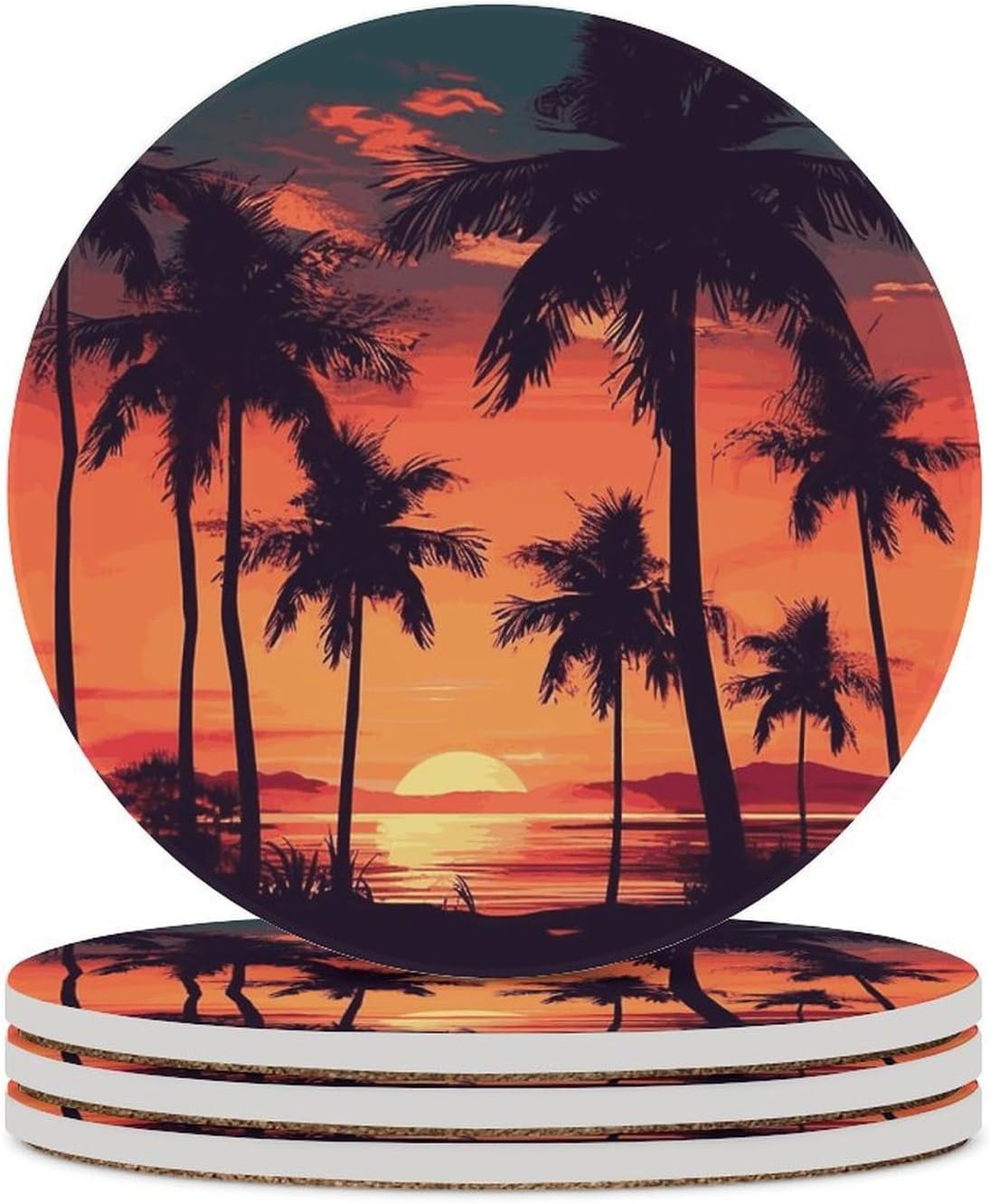 Palm Tree Summer Sunset Coaster with Cork Base Drink Coasters for Coffee Table Decor Modern Cup Coasters with Non-Slip & Heat-Resistant Cute Ceramic Table Coaster for Home Dining