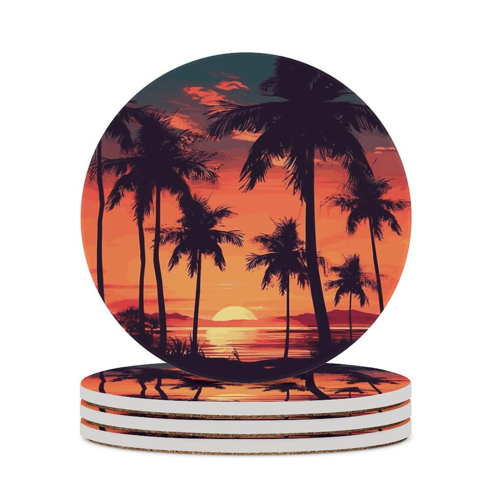 Palm Tree Summer Sunset Coaster with Cork Base Drink Coasters for Coffee Table Decor Modern Cup Coasters with Non-Slip & Heat-Resistant Cute Ceramic Table Coaster for Home Dining