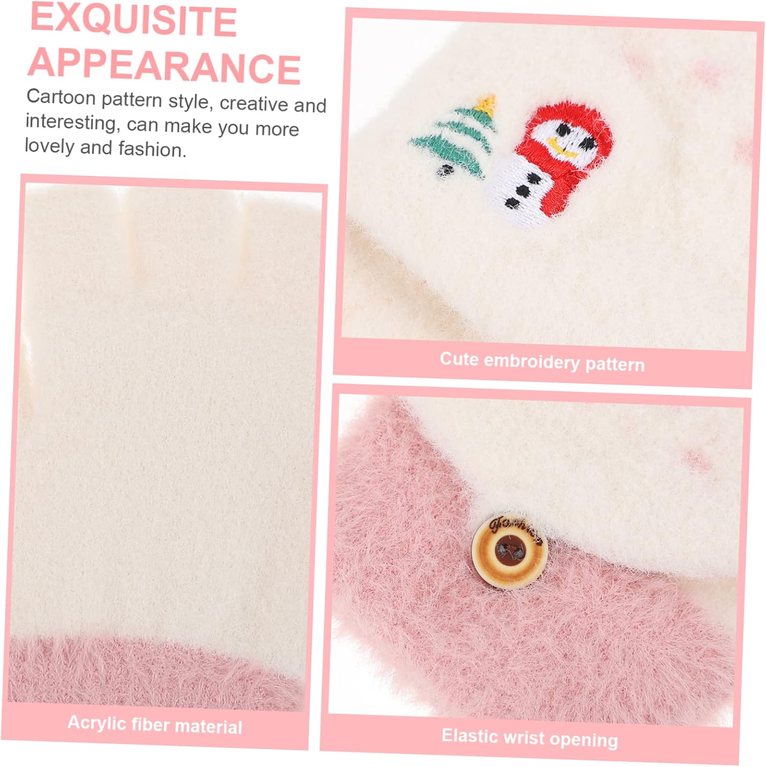 OUNONA Knitted Winter Gloves for Kids Warm Touchscreen Half-Finger Mittens Embroidery White Color for Outdoor Activities