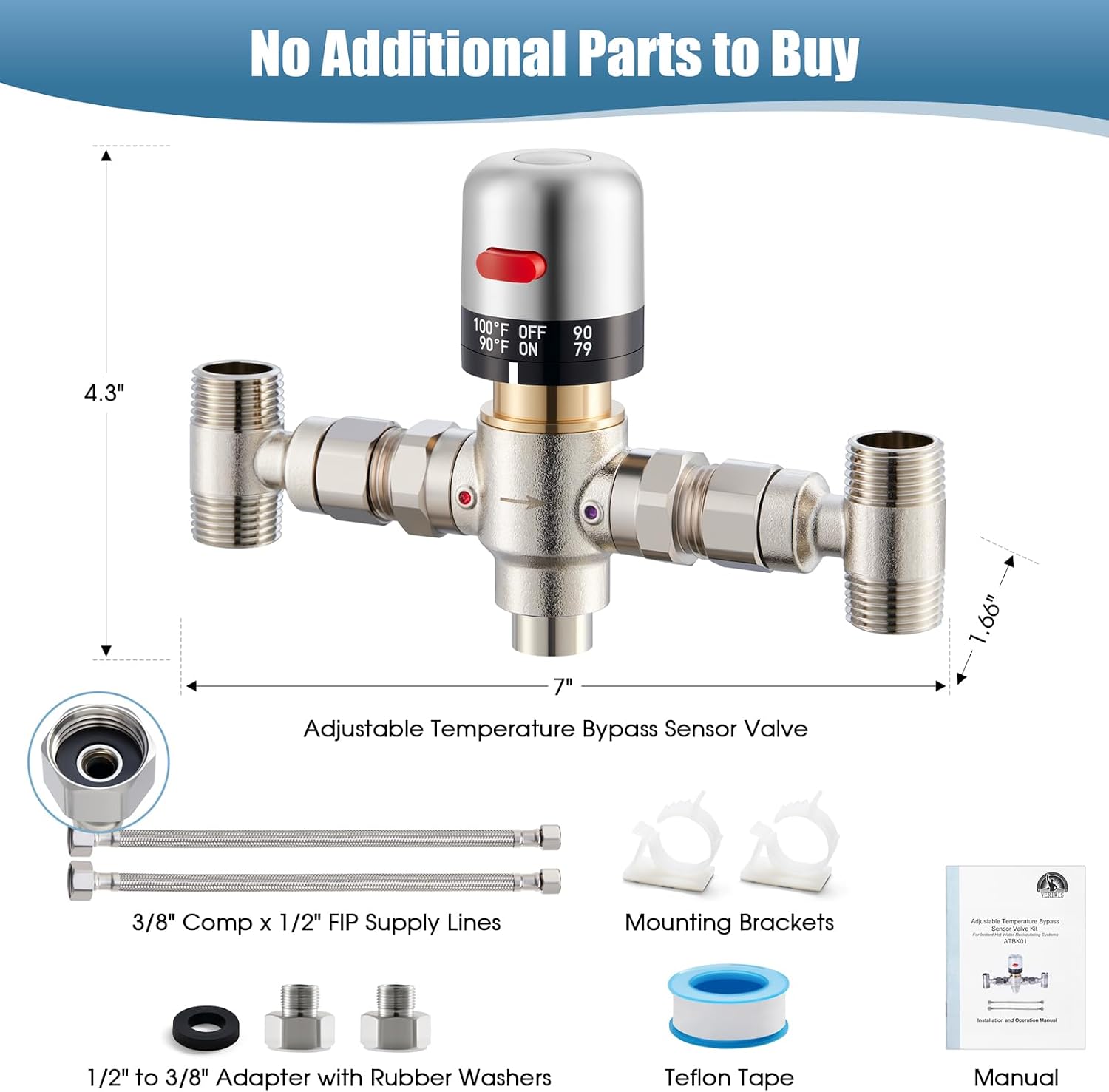 Adjustable Temperature Bypass Sensor Valve Kit | Replacement for Plastic Bridge Valve 595926, 3-Year Warranty, for Hot Water Recirculating Pump 500800, 500805 and More