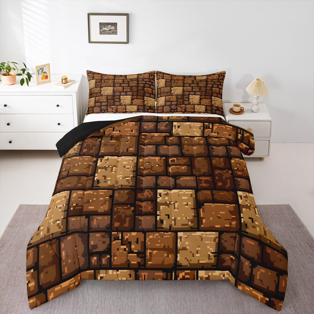 Castle Fairy Brown Stone Wall Comforter Set Toddler Size,Pixel Style Bedding Sets 2Pcs for Kids Girls Boys Women Room Decor,Splicing Grid Block Duvet Insert Video Games Down Comforter,1 Pillowcase