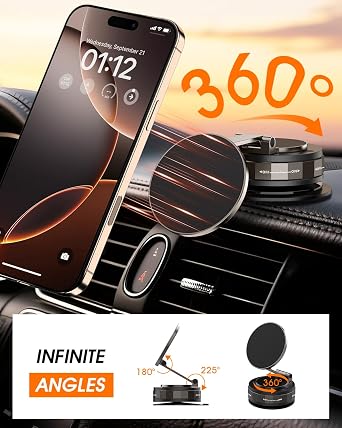 Yoozon for Mag Safe Car Mount, Vacuum Strong Suction 2400gf Magnetic Phone Holder, 360 Rotation Foldable Stand for All Smartphones & Vehicle, Car Accessories for Women Men, Gifts for Him Her (Black)