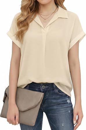 Enmain Women's Blouses Short Sleeve Summer V Neck Chiffon Tops for Women UK Work Casual Ladies Business Collared Shirts Solid
