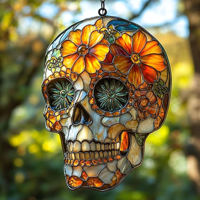Floral Sugar Skull Acrylic Suncatcher Stained Glass Effect Window Car Hanging Christmas Ornament Indoor Outdoor Decor Garden Sun Catcher Panel for Sugar Skull Lover for Women Mom Grandma