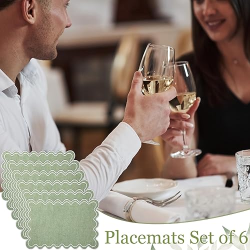 Miniatura 7 de Juego de 6 manteles individuales de algodón y lino, 13 x 19 pulgadas, manteles individuales bordados ondulados festoneados, de doble capa, lavables,