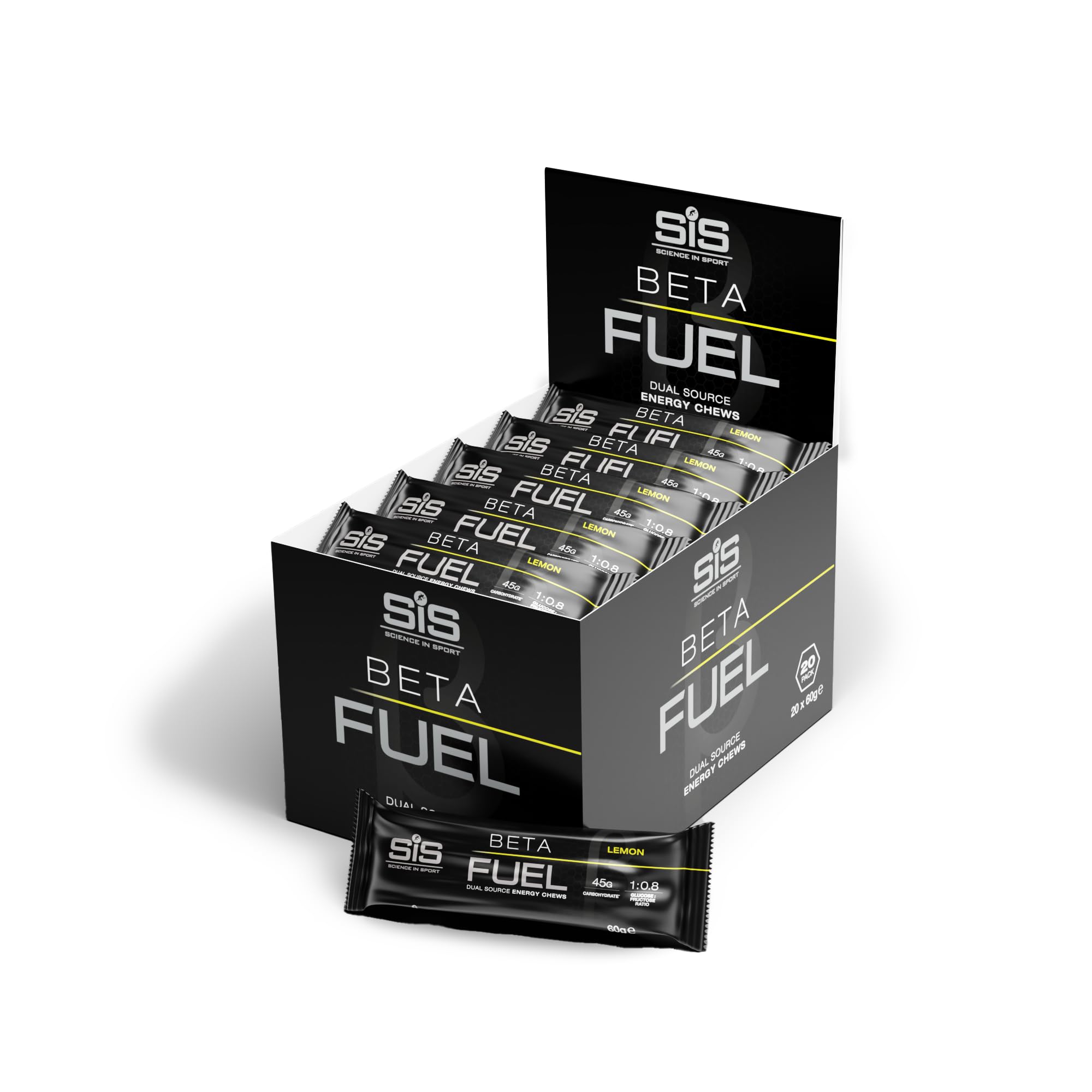 Science in Sport Beta Fuel Dual Source Energy Chews, Energy Bars, Lemon Flavour, 46g of Carbs, 60g Bar (20 Pack)